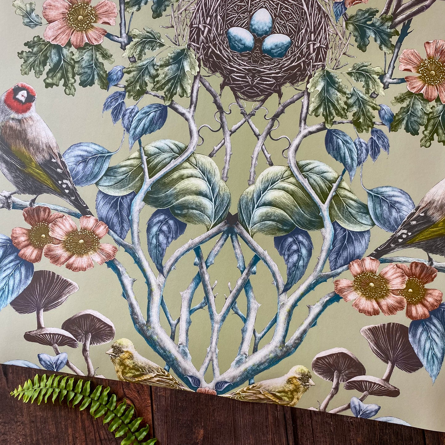 Wild Hedgerow Super Wide Wallpaper in Greenfinch