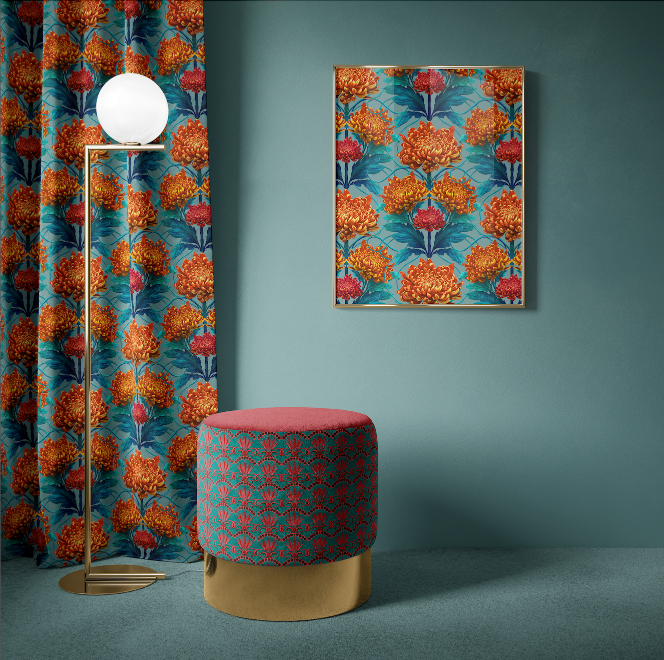 LINEN Caustic Chrysanthemum in Orpiment Orange