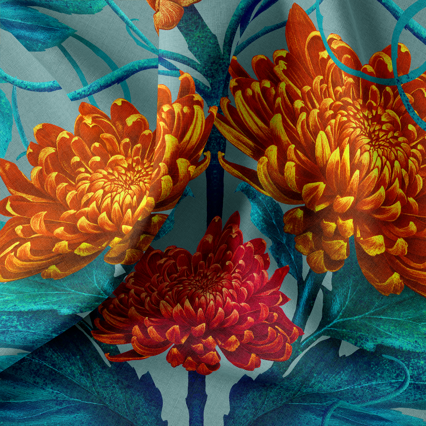 LINEN Caustic Chrysanthemum in Orpiment Orange