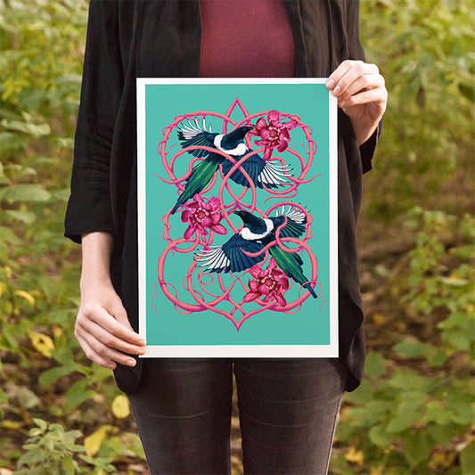Magpie Art Print | Two for Joy Bird Poster in Teal