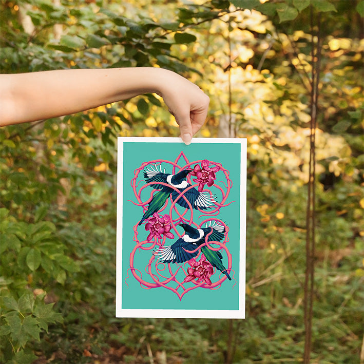 Magpie Art Print | Two for Joy Bird Poster in Teal