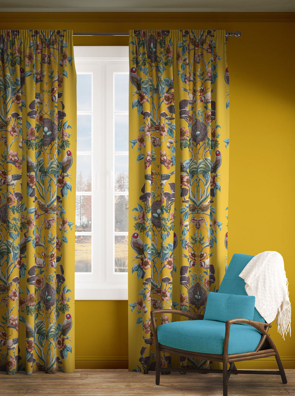 Wild Hedgerow Goldfinch Linen Fabric