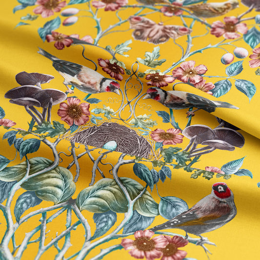 Wild Hedgerow Goldfinch Linen Fabric