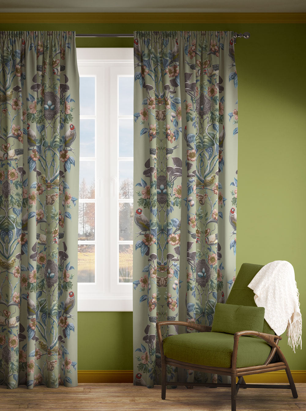 Wild Hedgerow Greenfinch Linen Fabric