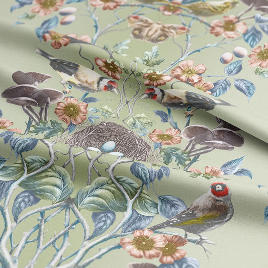 Wild Hedgerow Greenfinch Linen Fabric