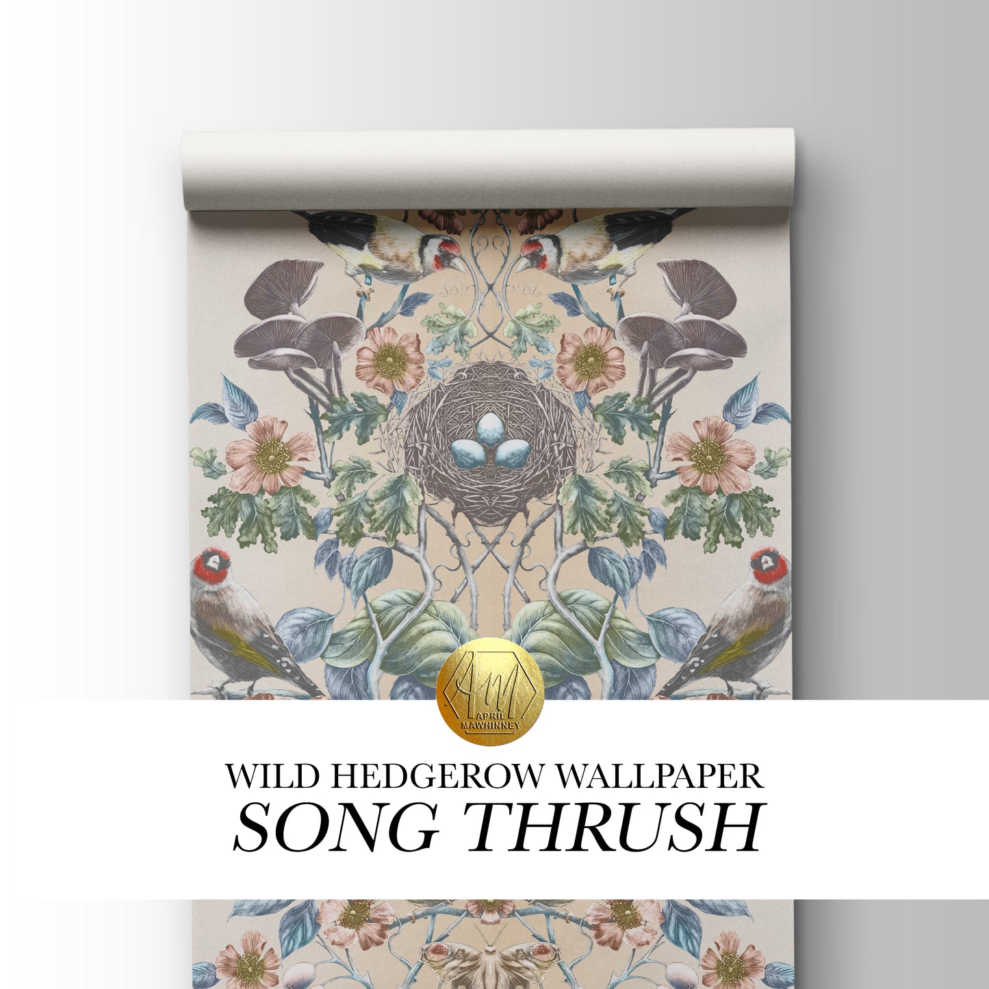 Wild Hedgerow Super Wide Wallpaper in Song Thrush