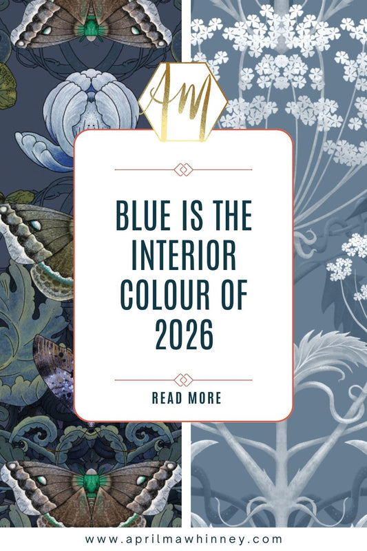 April Mawhinney Wallpaper overlaid with the text Deep Blues and Teals Creating Dramatic Interiors