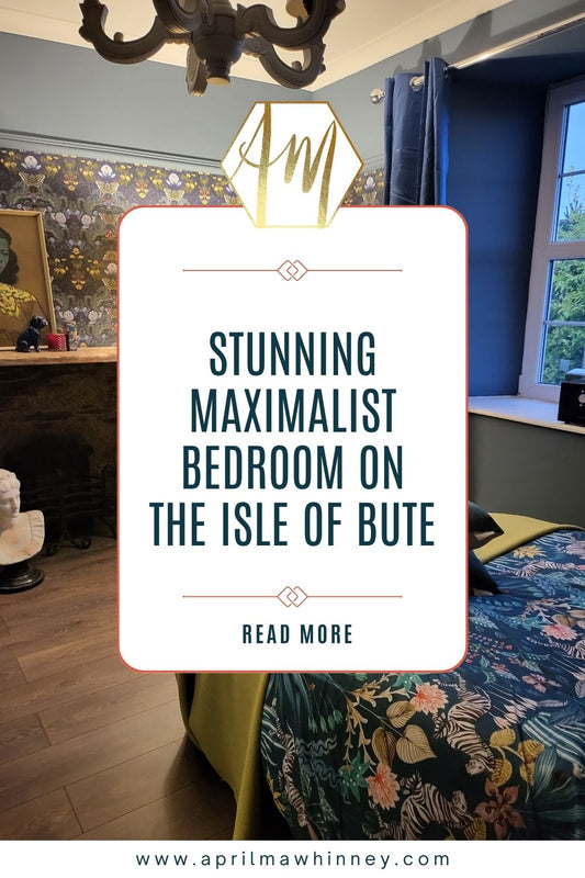 Maximalist Modern Heritage Bedroom. Image of bedroom on Isle of Bute decorated with April Mawhinney's Bloomsbury Moth wallpaper, and text overlaid on top of the image.