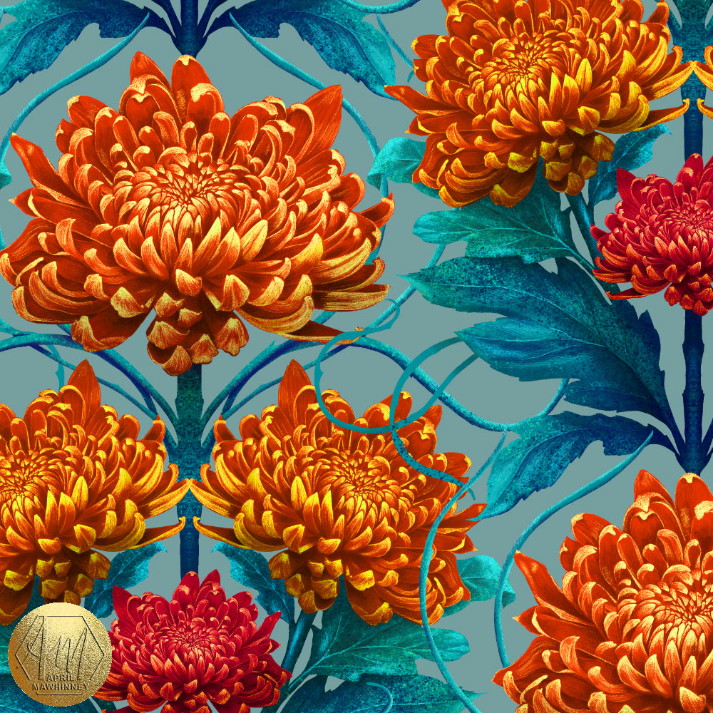 Caustic Chrysanthemum Vintage Modern Wallpaper in Three mineral inspired colourways, Luxury Wallpaper, April Mawhinney Illustration