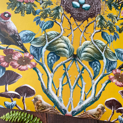 Wild Hedgerow Super Wide Wallpaper in Goldfinch