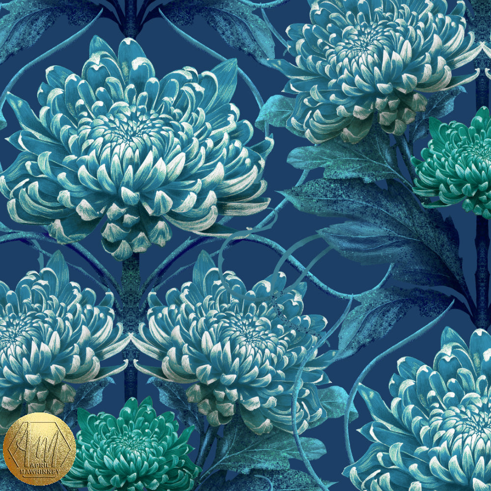 Caustic Chrysanthemum Fabric in Blue Vitriol