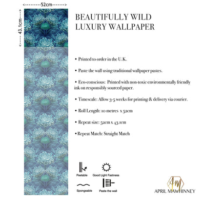 Caustic Chrysanthemum Wallpaper in Blue Vitriol