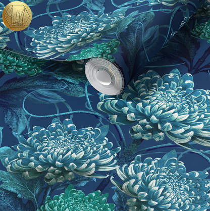 Caustic Chrysanthemum Wallpaper in Blue Vitriol