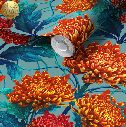 Caustic Chrysanthemum Wallpaper in Orpiment Orange