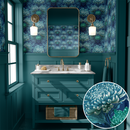 Caustic Chrysanthemum Blue Vitriol Wallpaper SAMPLE