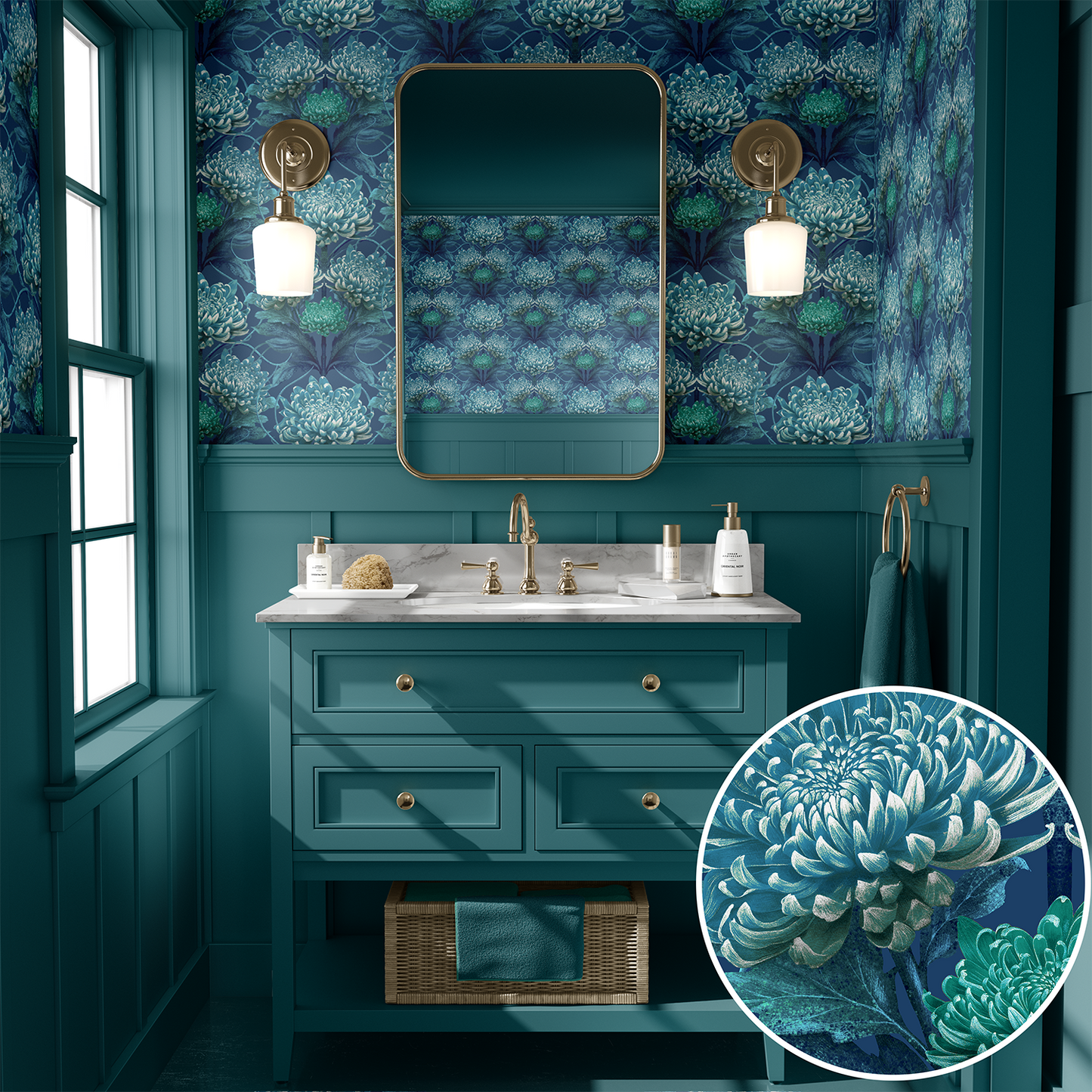 Caustic Chrysanthemum Wallpaper in Blue Vitriol