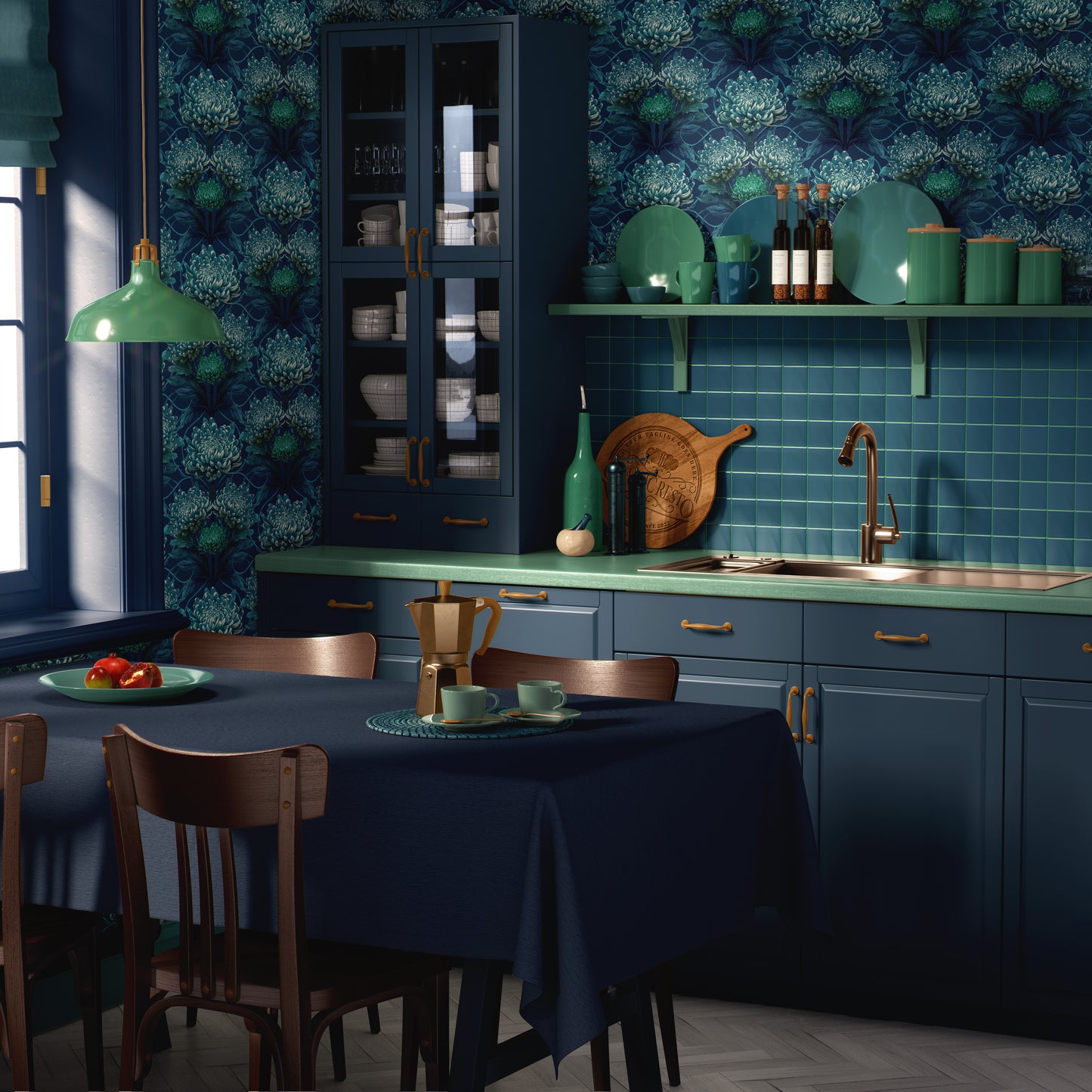 Caustic Chrysanthemum Wallpaper in Blue Vitriol