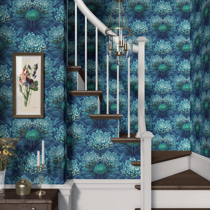 Caustic Chrysanthemum Wallpaper in Blue Vitriol