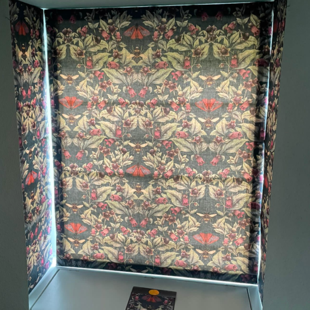 Customer Roman Blind, Deadly Nightshade Linen in Midnight. Made to Measure in the UK