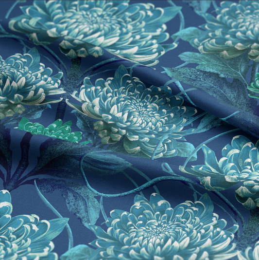 LINEN Caustic Chrysanthemum in Blue Vitriol