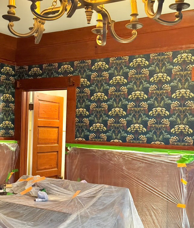 Living Room, Hemlock Wallpaper in Bold Brassica in Craftsman House, Los Angeles