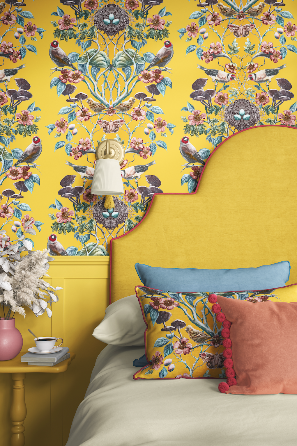 Wild Hedgerow Super Wide Wallpaper in Goldfinch Yellow