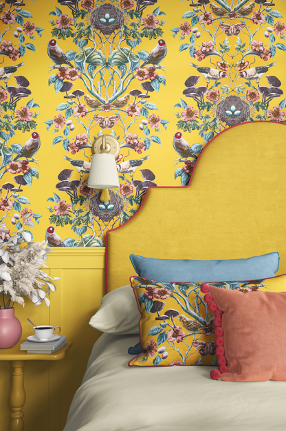 Wild Hedgerow Super Wide Wallpaper in Goldfinch Yellow