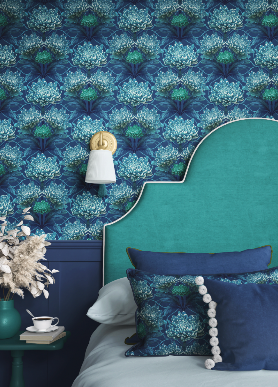 Caustic Chrysanthemum Wallpaper in Blue Vitriol