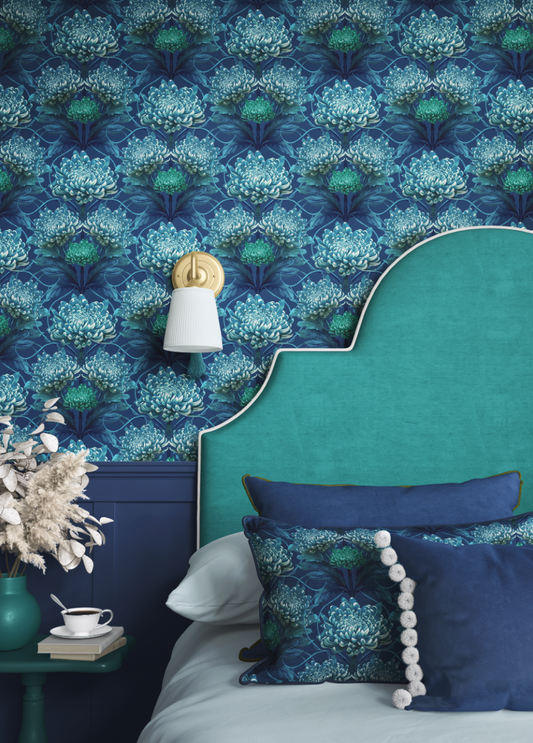 Caustic Chrysanthemum Wallpaper in Blue Vitriol