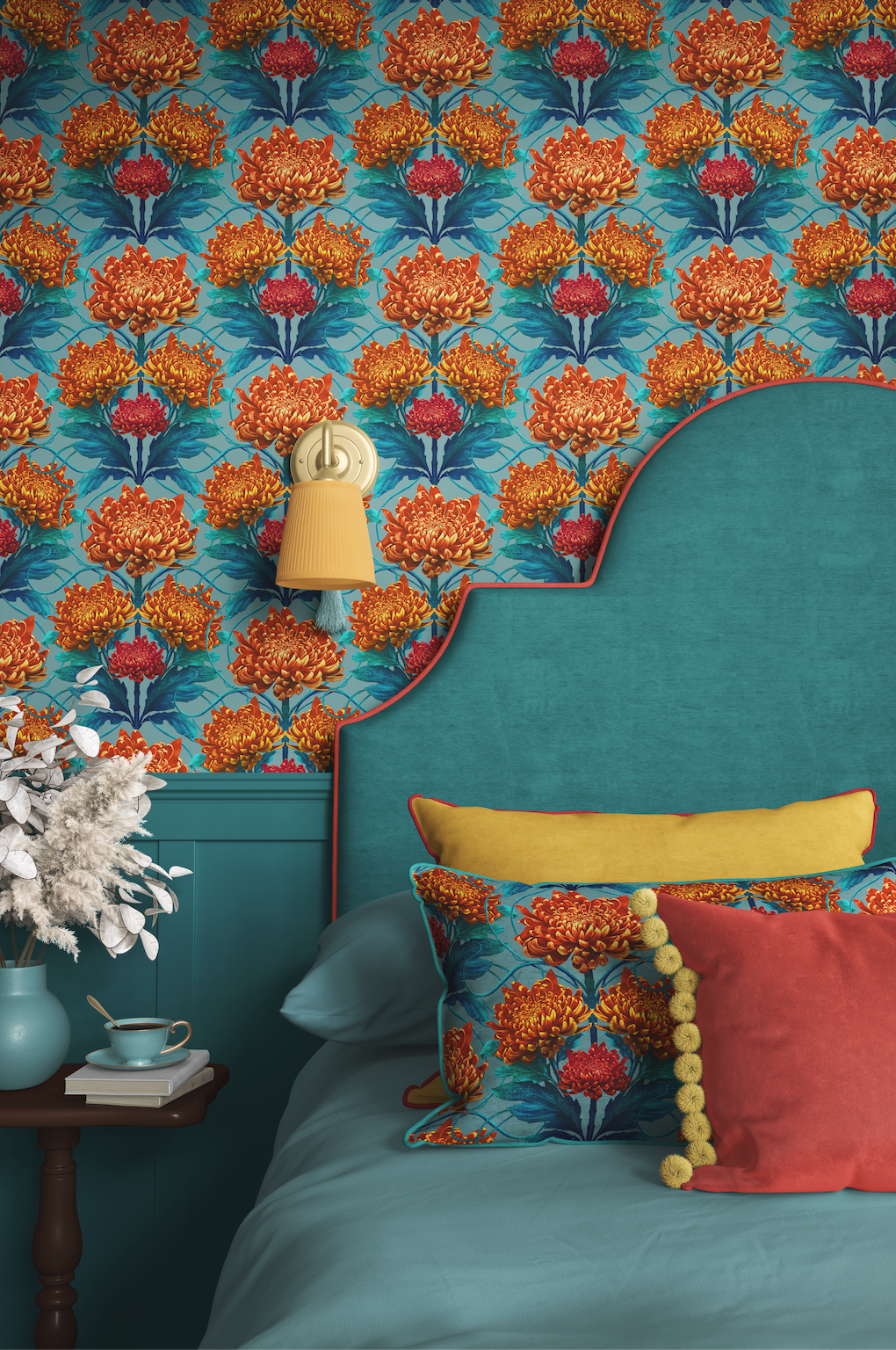 Caustic Chrysanthemum Wallpaper in Orpiment Orange