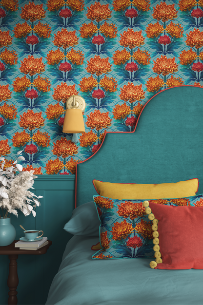 Caustic Chrysanthemum Wallpaper in Orpiment Orange