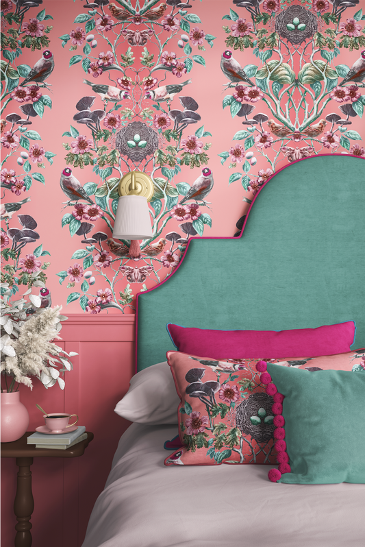 Wild Hedgerow Super Wide Wallpaper in Pink Waxcap