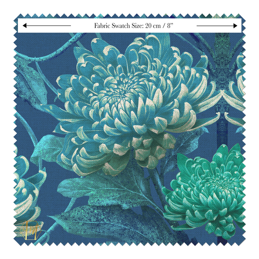 Caustic Chrysanthemum Blue Vitriol Linen Fabric SAMPLE