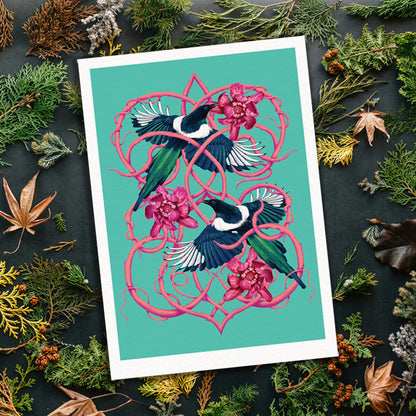 Magpie Art Print | Two for Joy Bird Poster in Teal