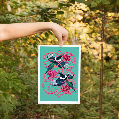 Magpie Art Print | Two for Joy Bird Poster in Teal