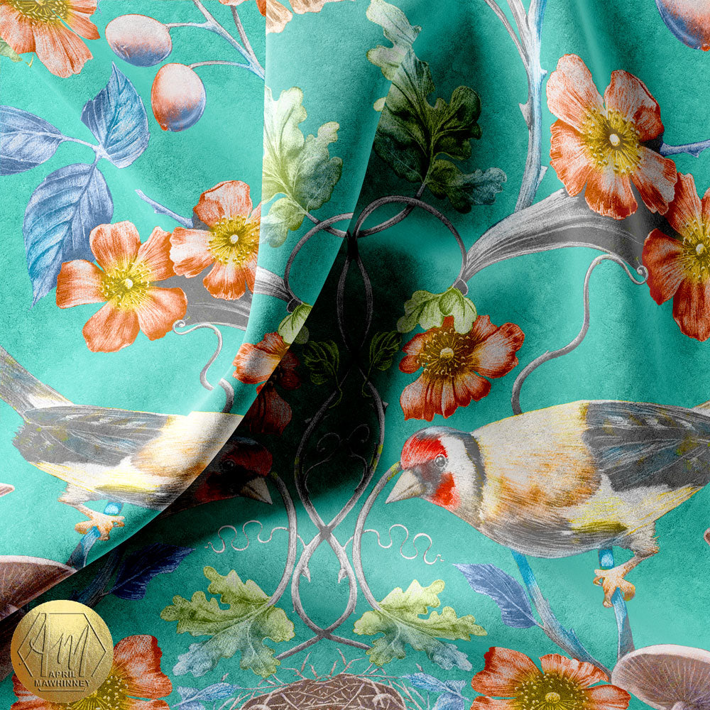 Wild Hedgerow Kingfisher Fabric (Linen and Velvet)