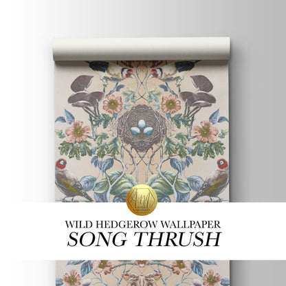 Wild Hedgerow Super Wide Wallpaper in Song Thrush