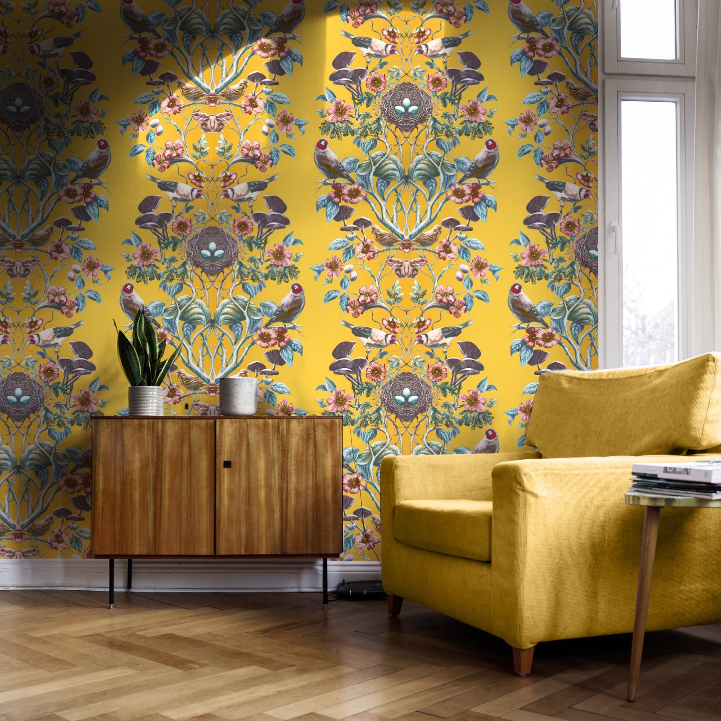 Wild Hedgerow Super Wide Wallpaper in Goldfinch