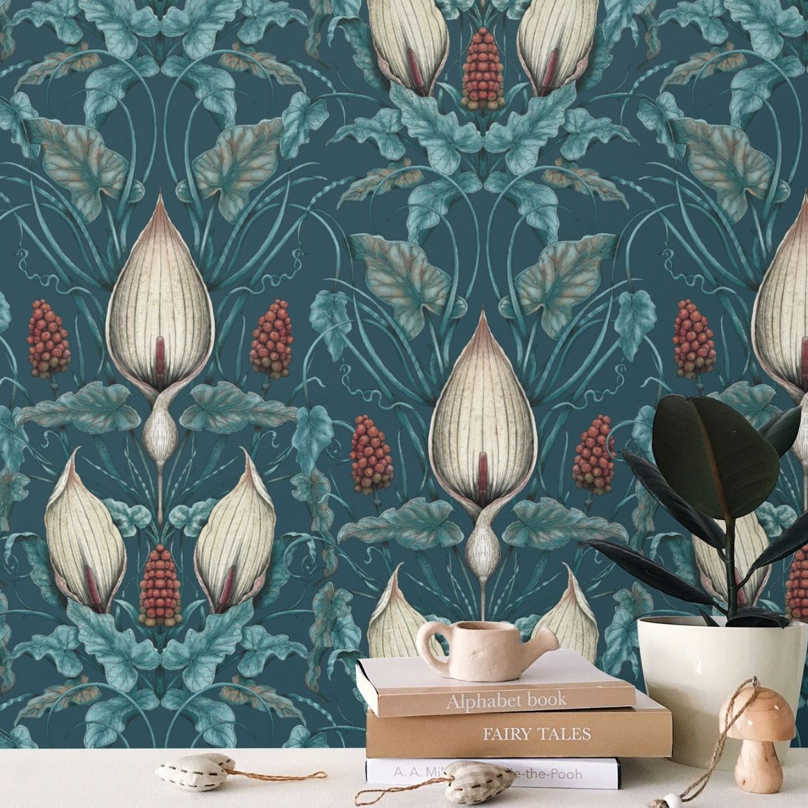 Teal and Blue Botanical Statement Wallpaper for colourful layered unique living room decor