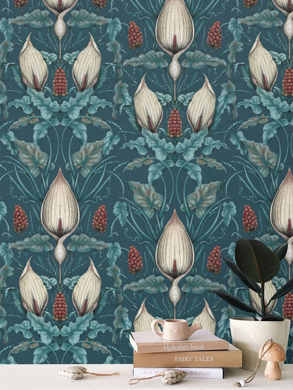 Teal and Blue Botanical Statement Wallpaper for colourful layered unique living room decor