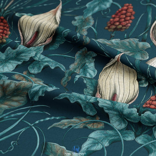 Poisonous Plant Arts and Crafts Style Victorian Gothic Fabric  in Teal