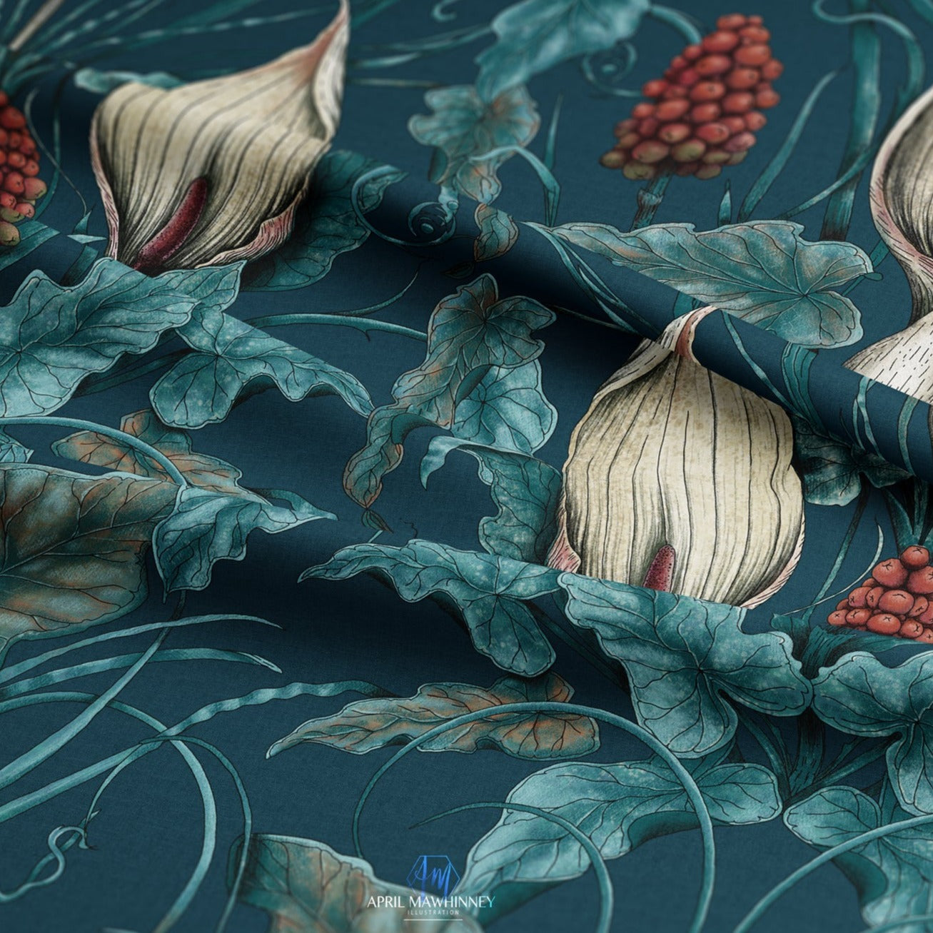 Poisonous Plant Arts and Crafts Style Victorian Gothic Fabric  in Teal